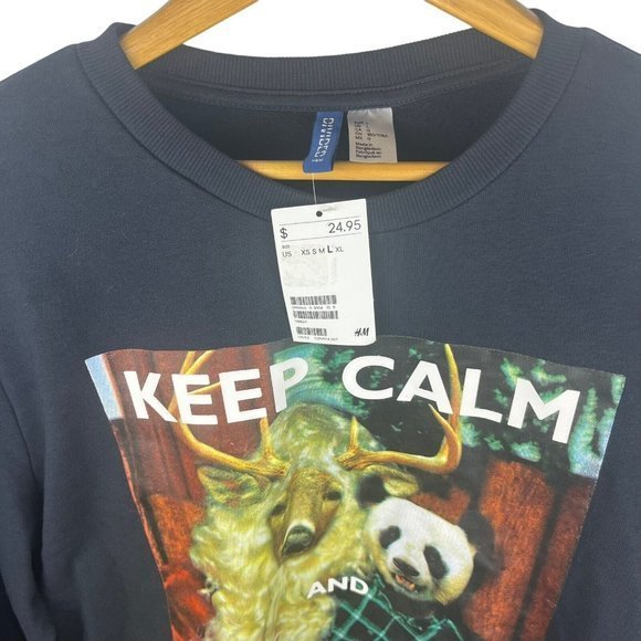 Keep Calm HO HO HO Divided H&M Sz L Sweatshirt Black Christmas‎ Panda Deer Santa - Picture 2 of 7